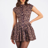 Women's Spring Leopard Print Round Neck Pleated Slim Sexy Low-Back Dress