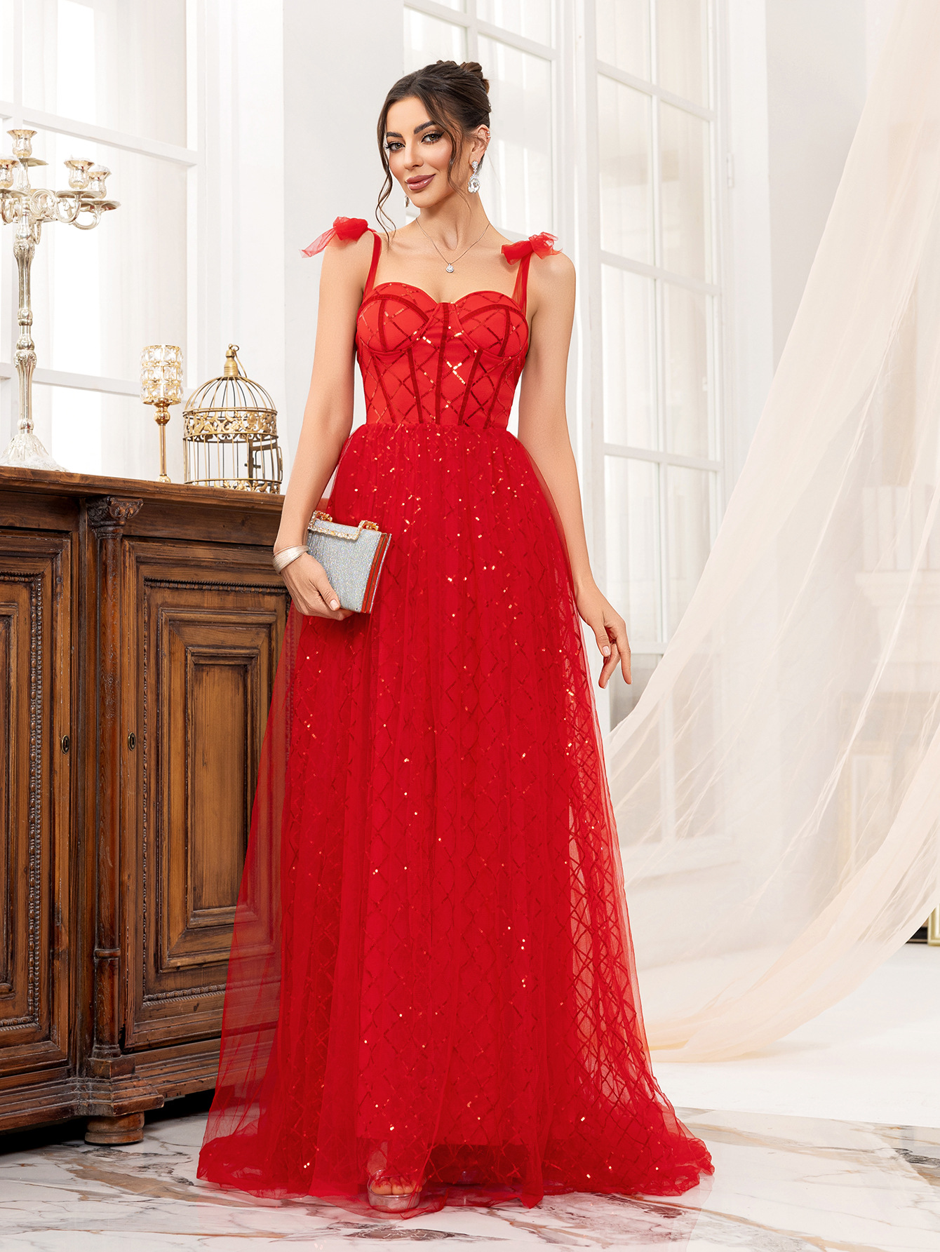 Red Strap sequin Mesh Formal Party Long Evening Dress