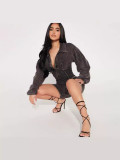 Sexy Patchwork Women's Summer Slim Waist Lantern Sleeve Deep V Turndown Collar Short Jumpsuit