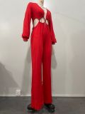 Feminine Solid Color Women's Long Sleeve Jumpsuit