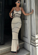 Summer Knitted Contrast Bohemian Strap Slim Long Dress
