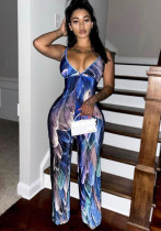 Fashion Sexy Printed Strap V-neck Slim Women's Jumpsuit