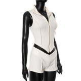 Spring Summer Women's Zipper Turndown Collar Sleeveless Crop Top High Waist Tight Shorts Two Piece Set