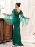 Low-Back Green Women's Long Sleeve Formal Party Sequin Fishtail Evening Dress