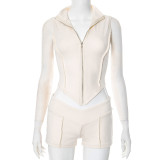 Spring Summer Women's Zipper Turndown Collar Sleeveless Crop Top High Waist Tight Shorts Two Piece Set