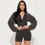 Sexy Patchwork Women's Summer Slim Waist Lantern Sleeve Deep V Turndown Collar Short Jumpsuit