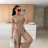 Summer Fashion Solid Color Short Sleeve T-shirt Wide Leg Trousers Two-Piece Set