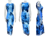 Women's Spring Summer Chic Sexy Printed Sleeveless Slim Waist Slim Long Dress