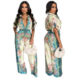 Women's Sexy V-Neck Retro Print Short Sleeve Jumpsuit