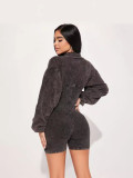 Sexy Patchwork Women's Summer Slim Waist Lantern Sleeve Deep V Turndown Collar Short Jumpsuit