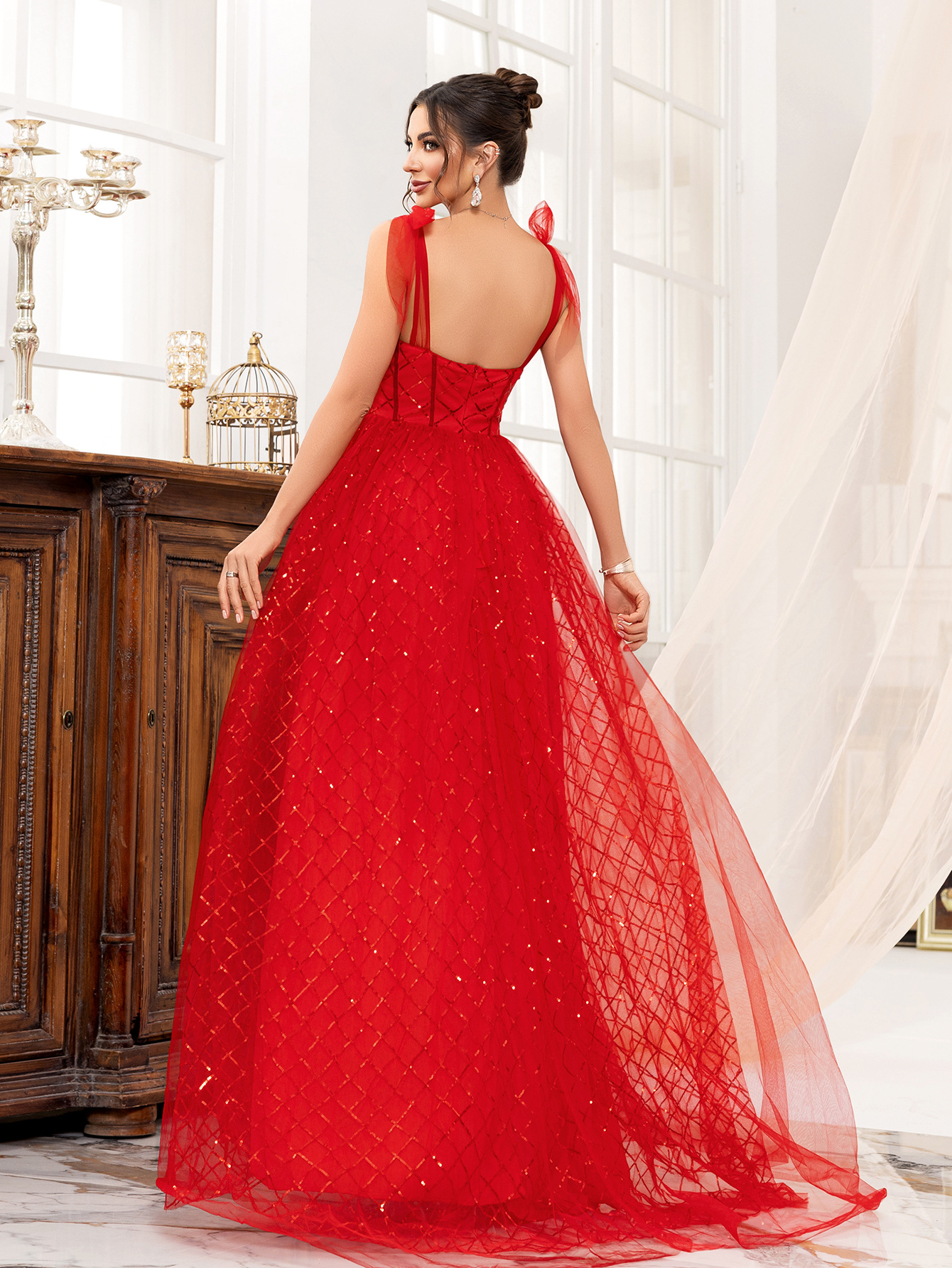 Red Strap sequin Mesh Formal Party Long Evening Dress
