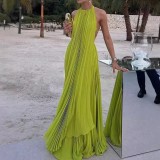 Women's Solid Round Neck Sexy Low Back pleated Beach Holidays Two Piece Skirt Set