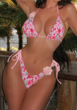 Pink Flower Women Low-Back Lace-Up Bikini Two-Piece Swimsuit