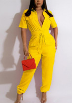 Sexy Cargo Style Women's Slim Waist Short Sleeve Turndown Collar High Waist Drawstring Jumpsuit