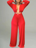 Feminine Solid Color Women's Long Sleeve Jumpsuit