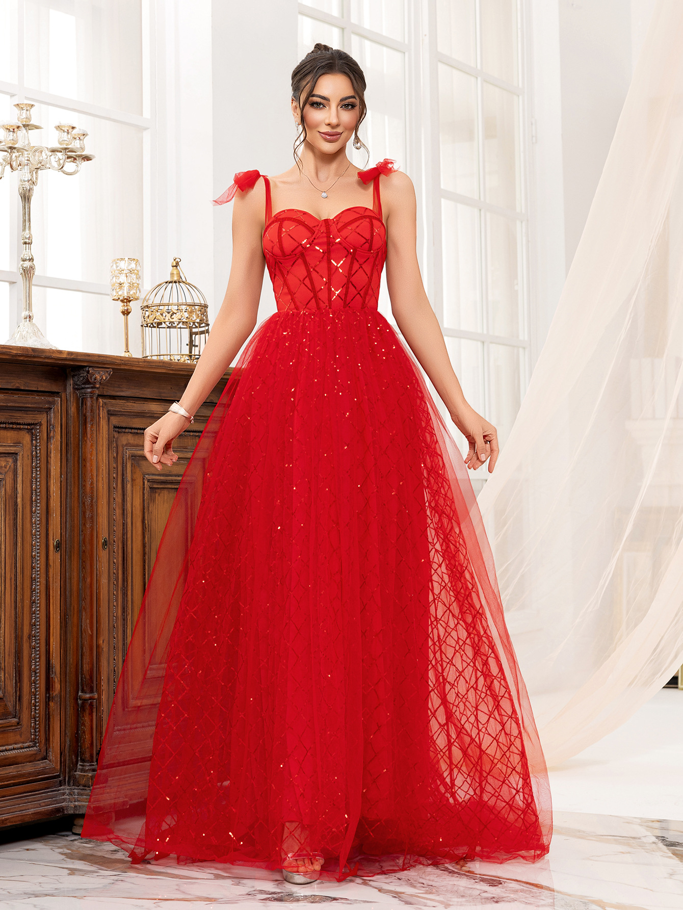 Red Strap sequin Mesh Formal Party Long Evening Dress