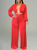 Feminine Solid Color Women's Long Sleeve Jumpsuit