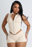 Spring Summer Women's Zipper Turndown Collar Sleeveless Crop Top High Waist Tight Shorts Two Piece Set