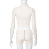 Spring Summer Women's Zipper Turndown Collar Sleeveless Crop Top High Waist Tight Shorts Two Piece Set
