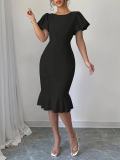 Women's Fashion Elegant Plus Size Round Neck Ruffle Midi Dress