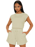 Women's Casual Solid Color Sleeveless Top Drawstring Pocket Shorts Two-Piece Set