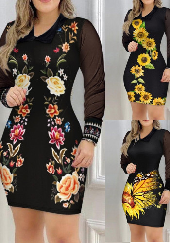 Women Fall Mesh Long Sleeve V-Neck Printed Dress