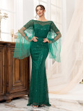 Low-Back Green Women's Long Sleeve Formal Party Sequin Fishtail Evening Dress