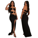 Fashion Women's Metal Decoration Solid Color Low Back Sexy Strapless Slit Long Dress