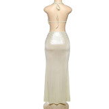 Women Spring Summer Sexy Backless Halter Neck Top and Skirt Two-Piece Set