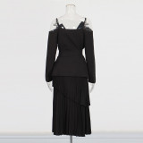 Off-Shoulder Strap Top High-Waist Pleated Skirt Two Piece Set