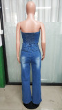 Women Strapless Off Shoulder Denim Wide-Leg Jumpsuit