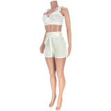 Summer Sexy Women's Ruffled V Low-Back Solid Color Vest Shorts Two Piece Set