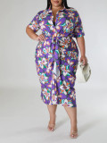 Plus Size Women's Printed Slim Waist Chic V-Neck Slit Belted Shirt Dress