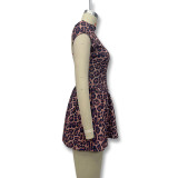 Women's Spring Leopard Print Round Neck Pleated Slim Sexy Low-Back Dress
