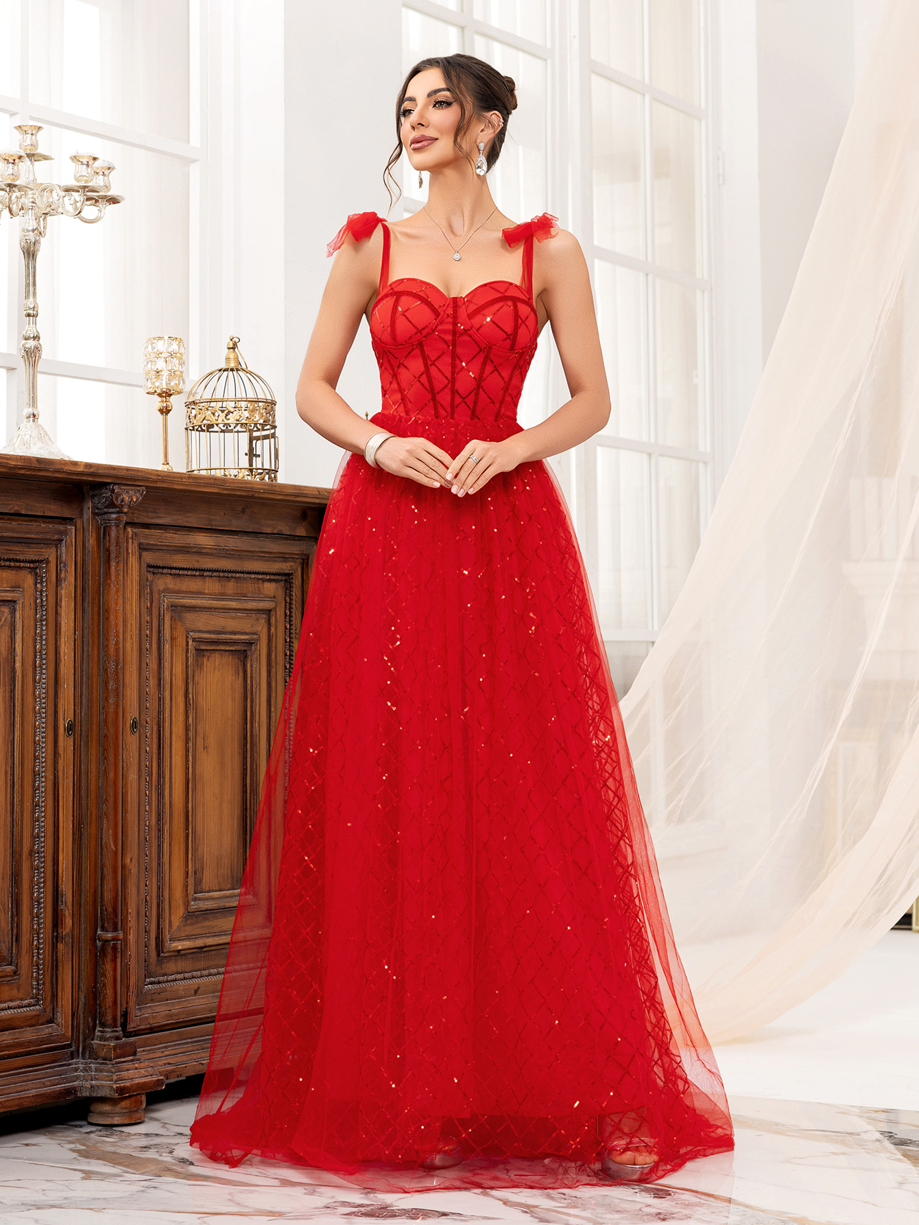Red Strap sequin Mesh Formal Party Long Evening Dress