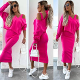 Women Spring and Summer Solid V Neck Long Sleeve Top and Suspender Dress Two-Piece Set