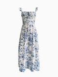Women Summer Floral Print Square Neck Slit Lace Sexy Dress