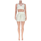 Summer Sexy Women's Ruffled V Low-Back Solid Color Vest Shorts Two Piece Set