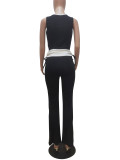 Women Spring Summer Ribbed Patchwork Color Block Tank Top Bell Bottom Pants Casual Two-Piece Set