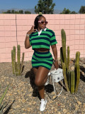 Women Striped Contrast Turndown Collar Crop Top and Bodycon Skirt Two-Piece Set