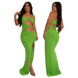Fashion Women's Metal Decoration Solid Color Low Back Sexy Strapless Slit Long Dress