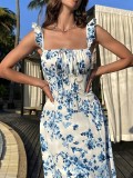 Women Summer Floral Print Square Neck Slit Lace Sexy Dress