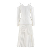 Off-Shoulder Strap Top High-Waist Pleated Skirt Two Piece Set