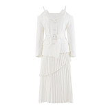 Off-Shoulder Strap Top High-Waist Pleated Skirt Two Piece Set