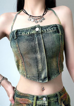 Women Sexy Zipper Strapless Denim Top Women Sexy Zipper Strapless Denim Top