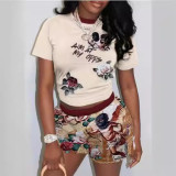 Women Casual Trendy Printed Short Sleeve Top and Shorts Two-Piece Set