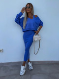 Women Spring and Summer Solid V Neck Long Sleeve Top and Suspender Dress Two-Piece Set
