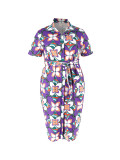 Plus Size Women's Printed Slim Waist Chic V-Neck Slit Belted Shirt Dress