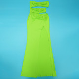Fashion Women's Metal Decoration Solid Color Low Back Sexy Strapless Slit Long Dress
