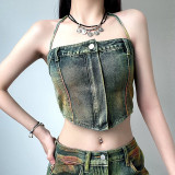 Women Sexy Zipper Strapless Denim Top